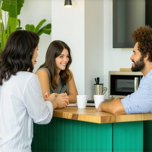 Professionals networking in a shared coworking kitchen space.