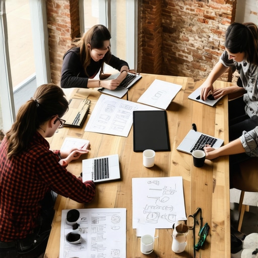 Startup team collaborating in a creative high-ceilinged conference room at a coworking hub.