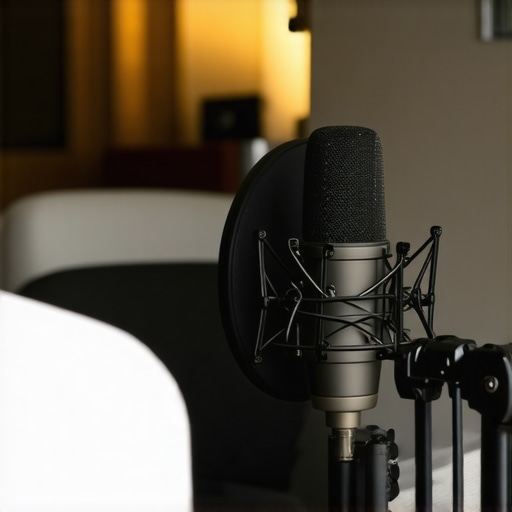A person setting up professional recording gear in a small, carpeted office room to minimize echo.