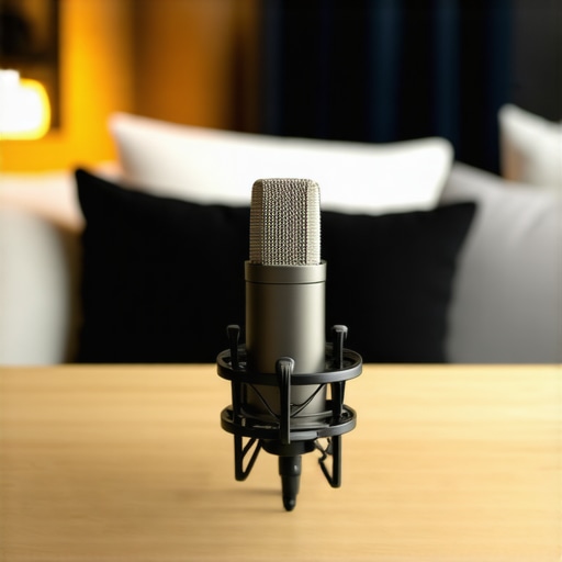 A professional microphone setup with makeshift acoustic treatment in a modern office.