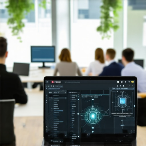 A laptop performing a network security scan in a modern shared office environment to ensure data privacy.