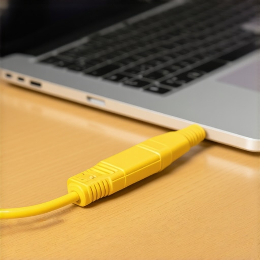 A yellow ethernet cable connected to a laptop on a wooden desk in a coworking office.