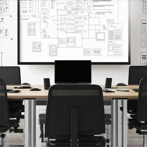 A functional coworking war room featuring whiteboards and professional tech setup.