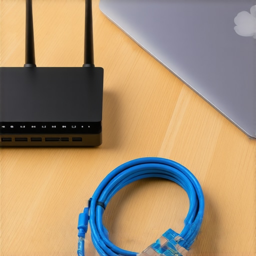 Startup tools including a travel router and Ethernet cable for reliable office internet.