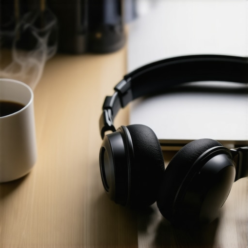 Essential Gear for Coworking Productivity Professional noise-canceling headphones and a laptop on a wooden desk in a bright coworking space.