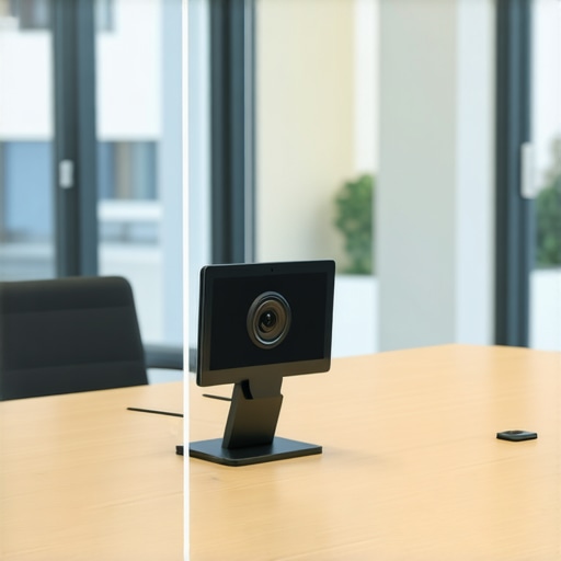 Close-up of conference room tech including integrated cameras and booking tablets.