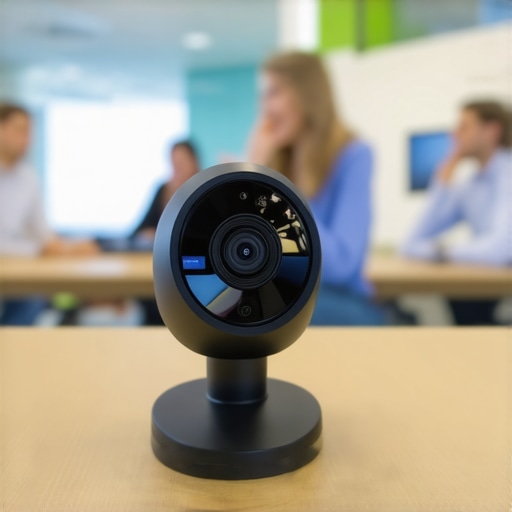 High-tech 360-degree meeting camera on a wooden conference table in a startup office.