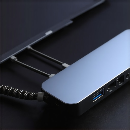 Professional power cables and USB-C adapters laid out on a coworking desk as a networking tool.
