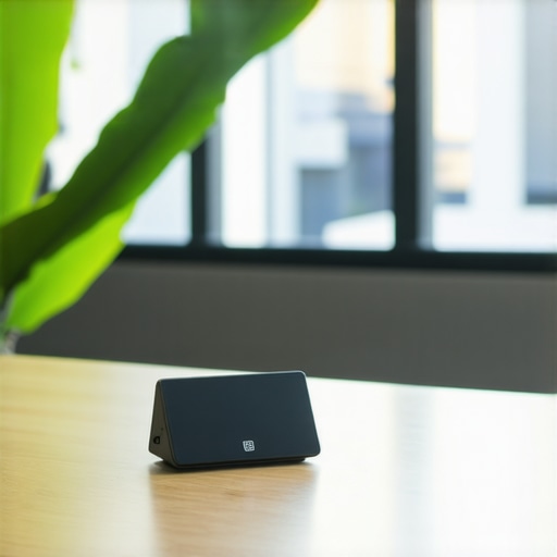 Professional portable speakerphone on a wooden table in a modern office environment
