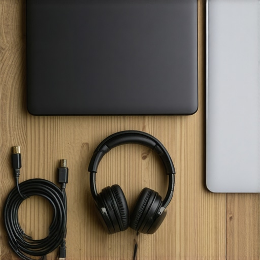 Close up of a travel router and high-end tech gear on a coworking desk