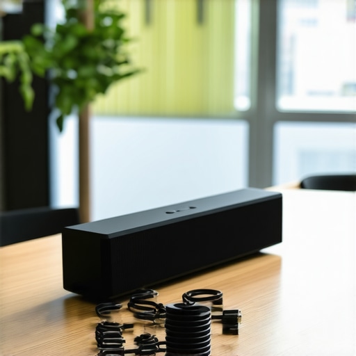 Portable conference speaker and cables on a meeting room table.