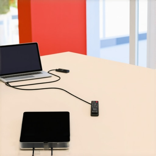 High-tech tools and cables organized on a modern conference table in a coworking hub.
