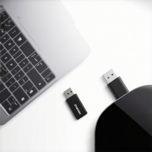Close up of a laptop with privacy filter and hardware security key in a modern office