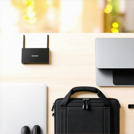 A tech kit for entrepreneurs working in flexible office spaces including a router and headphones.