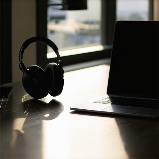 Portable router and professional tech gear on a desk in a modern coworking space.