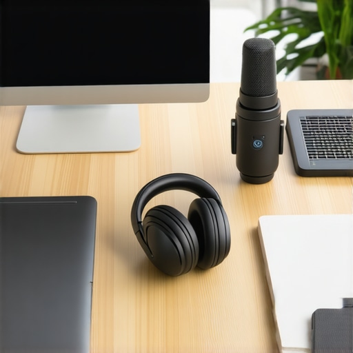 High-tech portable office equipment on a coworking desk