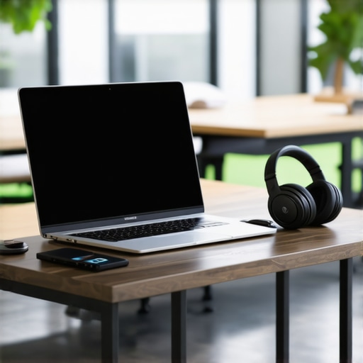 Professional tech gear for startup founders in a coworking space including noise-canceling headphones and portable hardware.