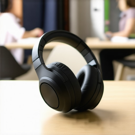Noise-canceling headphones on a desk in a professional coworking space.