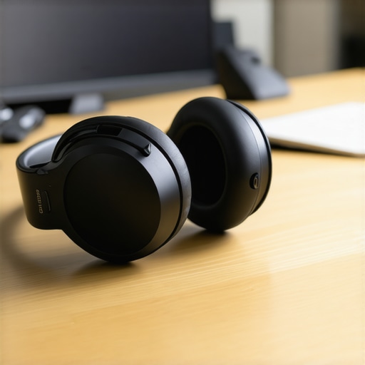 Focus over noise in shared offices Close-up of noise-canceling headphones in a coworking space representing the need for focused work.