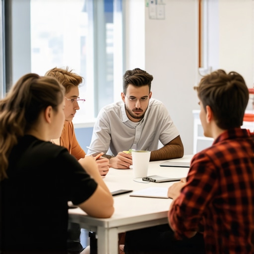 Startup founders collaborating intensely around a table in a modern coworking conference room.