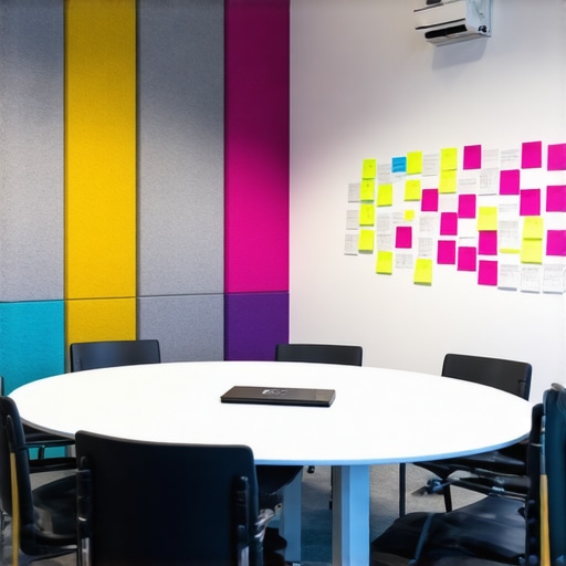 A collaborative startup meeting space with non-traditional furniture and brainstorming tools.