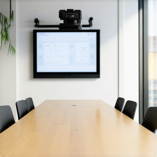 Minimalist startup conference room with high-tech wide-angle camera and modular furniture