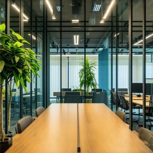 A stylish and modern meeting room with high ceilings designed for startup productivity.