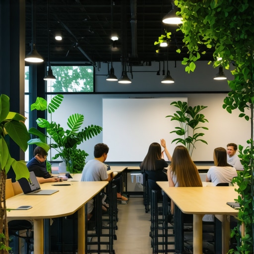 A group of entrepreneurs brainstorming in a spacious conference room with high ceilings to enhance abstract thinking.