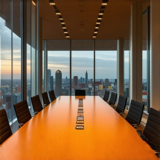 A professional startup conference room used for investor pitches with a city view.
