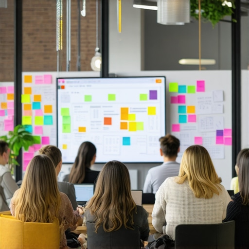 High-Energy Startup War Room Collaboration A team of startup professionals collaborating in a high-tech conference room with whiteboards and digital displays.