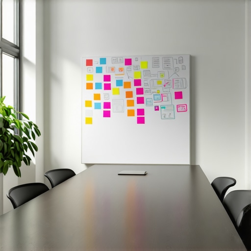 A modern windowless conference room optimized for startup strategy sessions with warm lighting and a whiteboard.