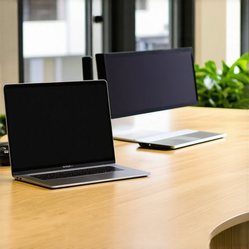 A modern portable workspace setup featuring a dual-screen laptop and high-end hardware dock on a wooden desk.