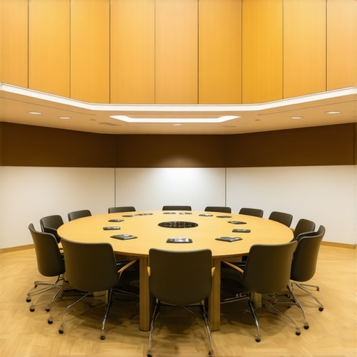 High-Performance Startup Conference Room Design A professional startup meeting room designed with a circular table and acoustic treatments for better collaboration.