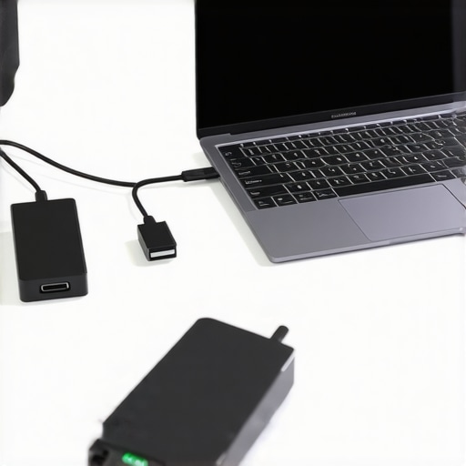 High-Performance Startup Hardware Setup A tech survival kit and adapters on a conference table in a modern startup office.