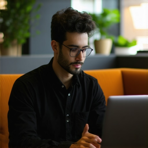 A startup founder using a portable lighting kit and laptop in a professional coworking space.