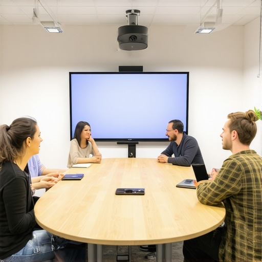 A modern startup team using a 180-degree camera for a hybrid meeting in a coworking space.