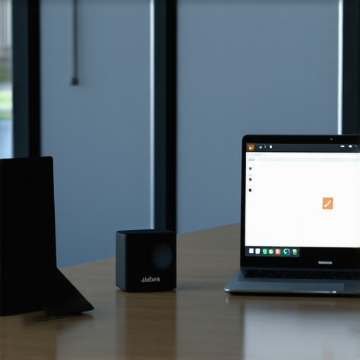 Professional audio equipment and laptop on a modern conference table in a startup office.