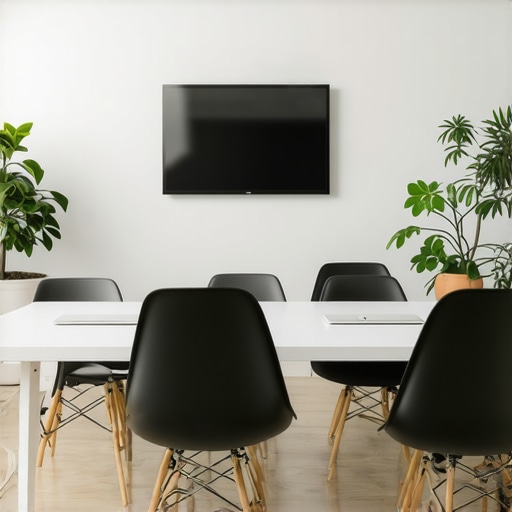 High-Tech Startup War Room Setup A modern startup meeting room with advanced technology and ergonomic furniture for hybrid collaboration.