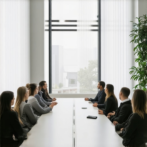 A modern conference room with high ceilings designed to boost creative thinking.