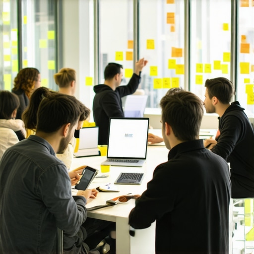 High energy team feedback session in a modern meeting space A startup team engaging in active collaboration in a modern conference room