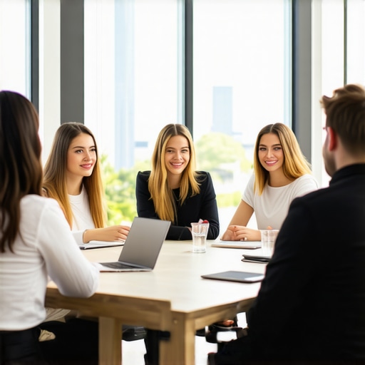 A small group of professionals collaborating in a modern coworking meeting room.