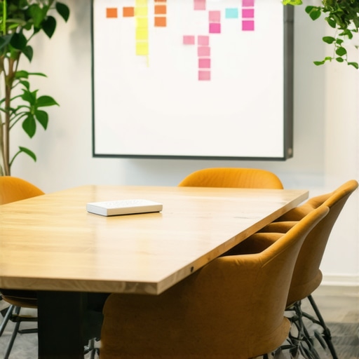 A sunlit, medium-sized meeting room in a coworking space featuring a wooden table and a whiteboard filled with brainstroming ideas.