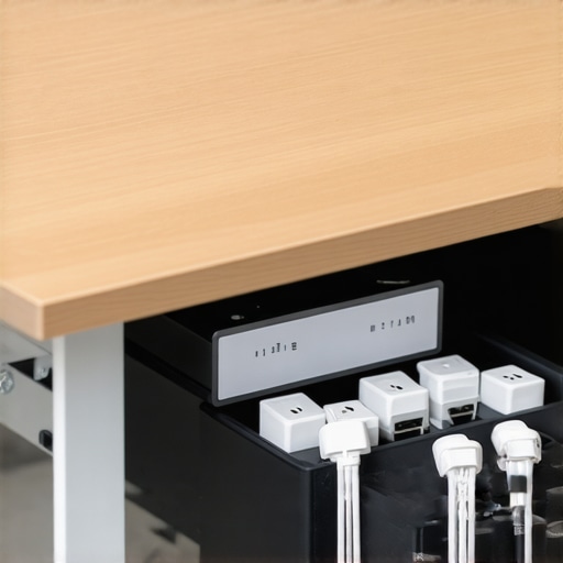 A dedicated tech utility box with organized adapters mounted under a modern meeting room table