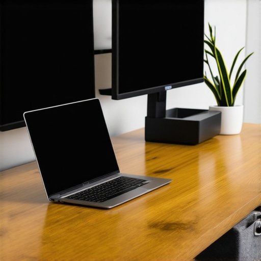 A clean shared desk with a Thunderbolt dock and dual monitors in a modern coworking space.