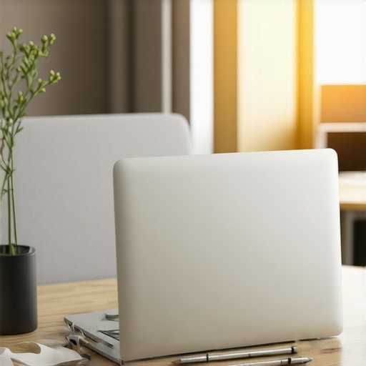 A high-quality, organized desktop setup showcasing essential tools for productive remote work in a shared workspace.