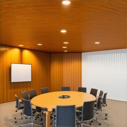 A circular meeting table in a coworking space designed with acoustic panels for creative team collaboration.