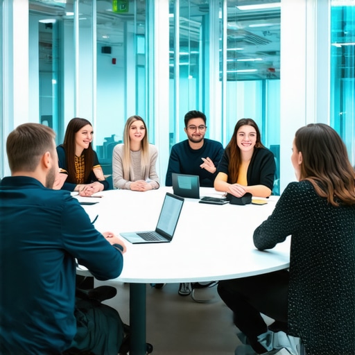 Startup team collaborating in a circular conference room within a coworking hub