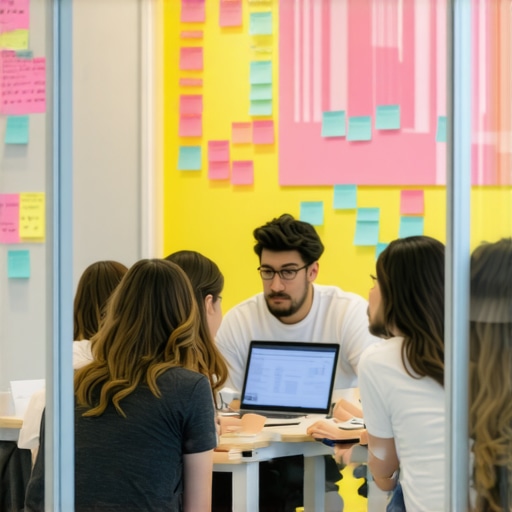 A startup team collaborating in a glass-walled war room within a professional coworking space.
