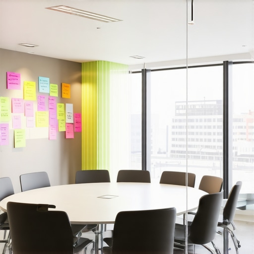 A modular meeting room layout designed to encourage participation and creativity in a startup environment.