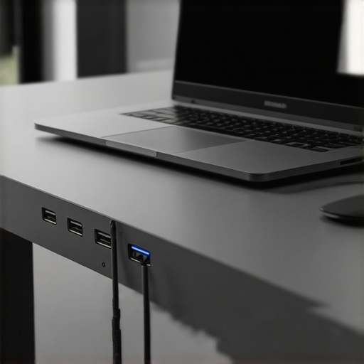Close-up of a conference table with integrated tech ports and a laptop in a bright office.